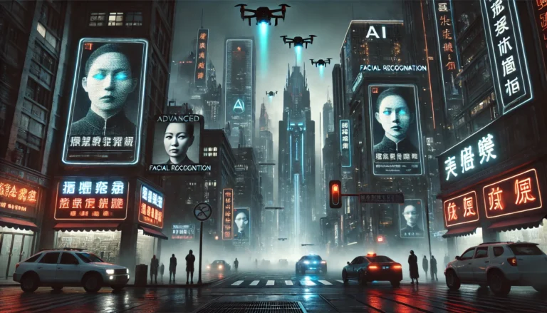 distopic society, china techno futurist society controlled by algortishm and cctv surveillance systes, designed by cybermediateinment for mowmag