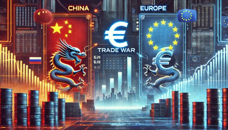 ITA: Rappresentazione digitale di una guerra commerciale tra Cina ed Europa: draghi simbolici, euro centrale, barili e grafici economici in stile cyber. ENG: Digital representation of a trade war between China and Europe: symbolic dragons, euro at the center, barrels and economic charts in a cyber style.