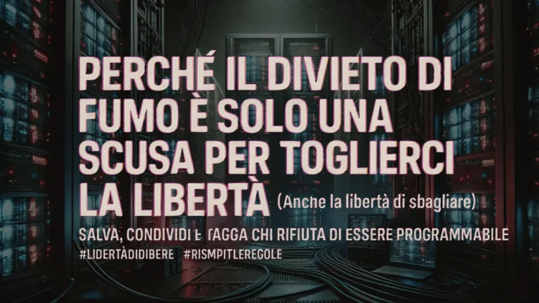 Immagine glitch in un data center: messaggio critico sul divieto di fumo visto come strumento di controllo sociale.