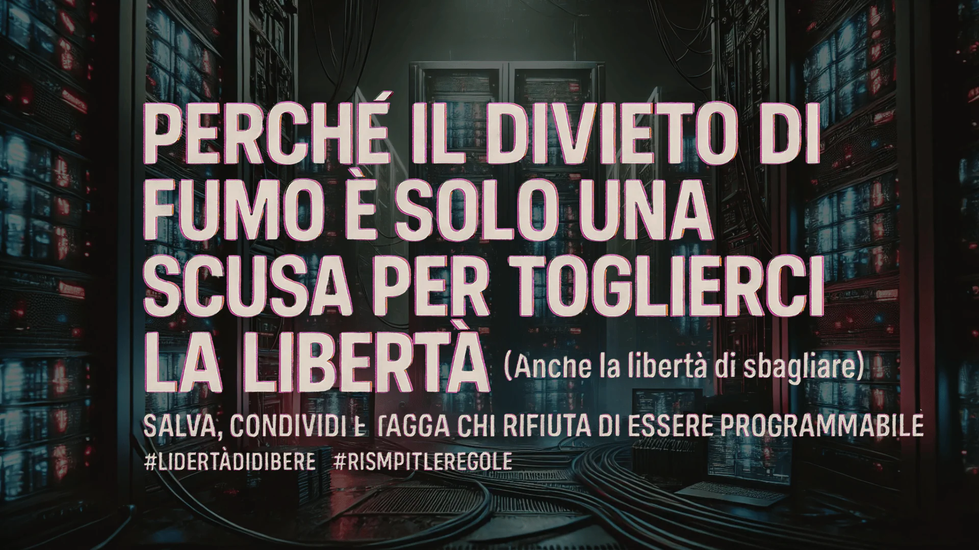 Immagine glitch in un data center: messaggio critico sul divieto di fumo visto come strumento di controllo sociale.