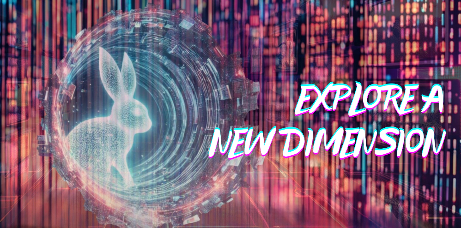 MEDIA LAB DESIGN A glowing digital rabbit entering a cybernetic portal with glitchy neon lights and the phrase 'Explore a New Dimension