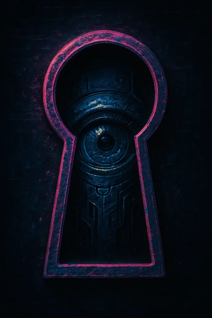 ITA: Occhio cybernetico realistico che osserva attraverso una serratura digitale; metafora del controllo algoritmico e della sorveglianza nei media. ENG: Realistic cybernetic eye looking through a digital keyhole; metaphor for algorithmic control and media surveillanc
