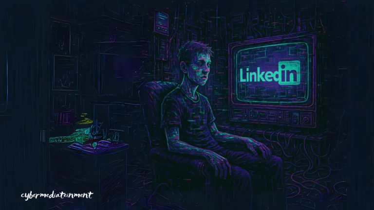 Uomo emaciato e stanco seduto davanti a un vecchio monitor sul quale lampeggia il logo LinkedIn, con cavi che partono dal suo corpo e si conficcano nello schermo, in una stanza buia punteggiata da simboli digitali.
