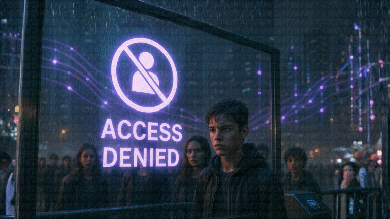 Ragazzo fermo davanti a un varco digitale sotto la pioggia; un pannello trasparente illumina in viola la scritta “ACCESS DENIED” con icona utente sbarrata; folla sullo sfondo, città notturna con luci e scie dati.