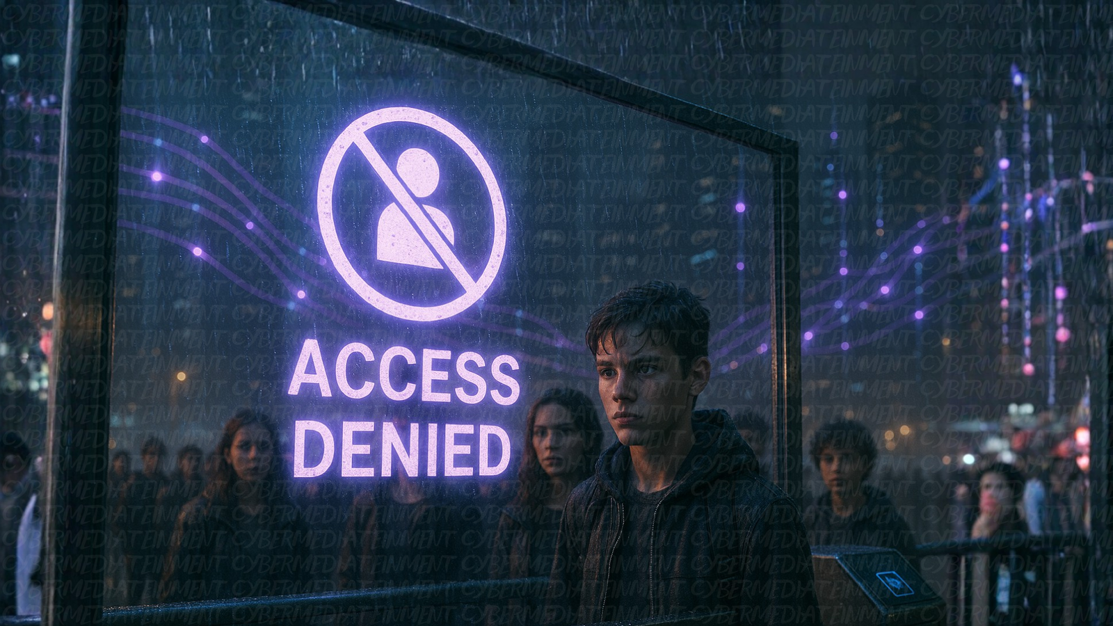 Ragazzo fermo davanti a un varco digitale sotto la pioggia; un pannello trasparente illumina in viola la scritta “ACCESS DENIED” con icona utente sbarrata; folla sullo sfondo, città notturna con luci e scie dati.