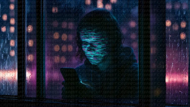 Persona alla finestra in una notte di pioggia, il volto trasformato in un glitch digitale turchese mentre guarda lo smartphone.