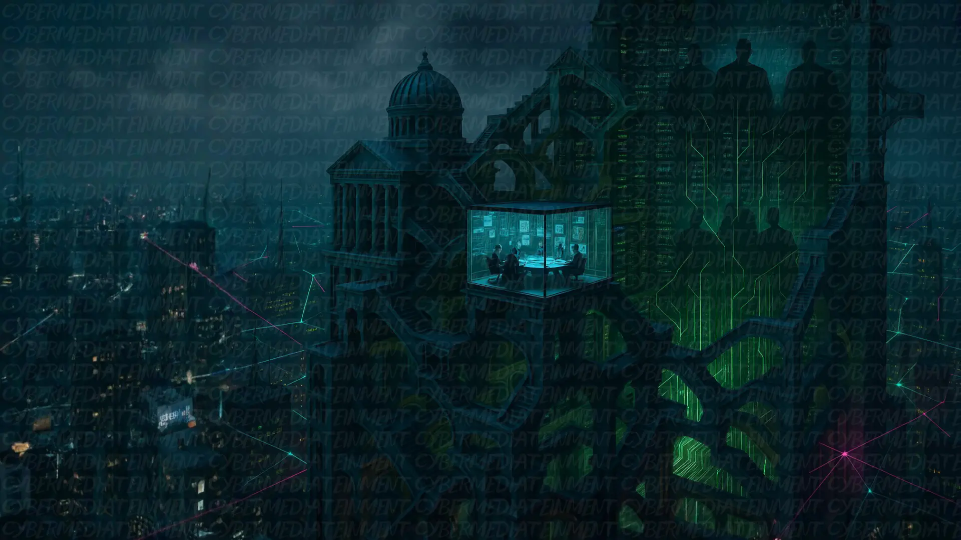 Geopolitica dell'informazione: Schermi, dashboard e flussi dati in un contesto urbano: metafora di microtargeting, amplificazione algoritmica e feedback loop delle piattaforme social.