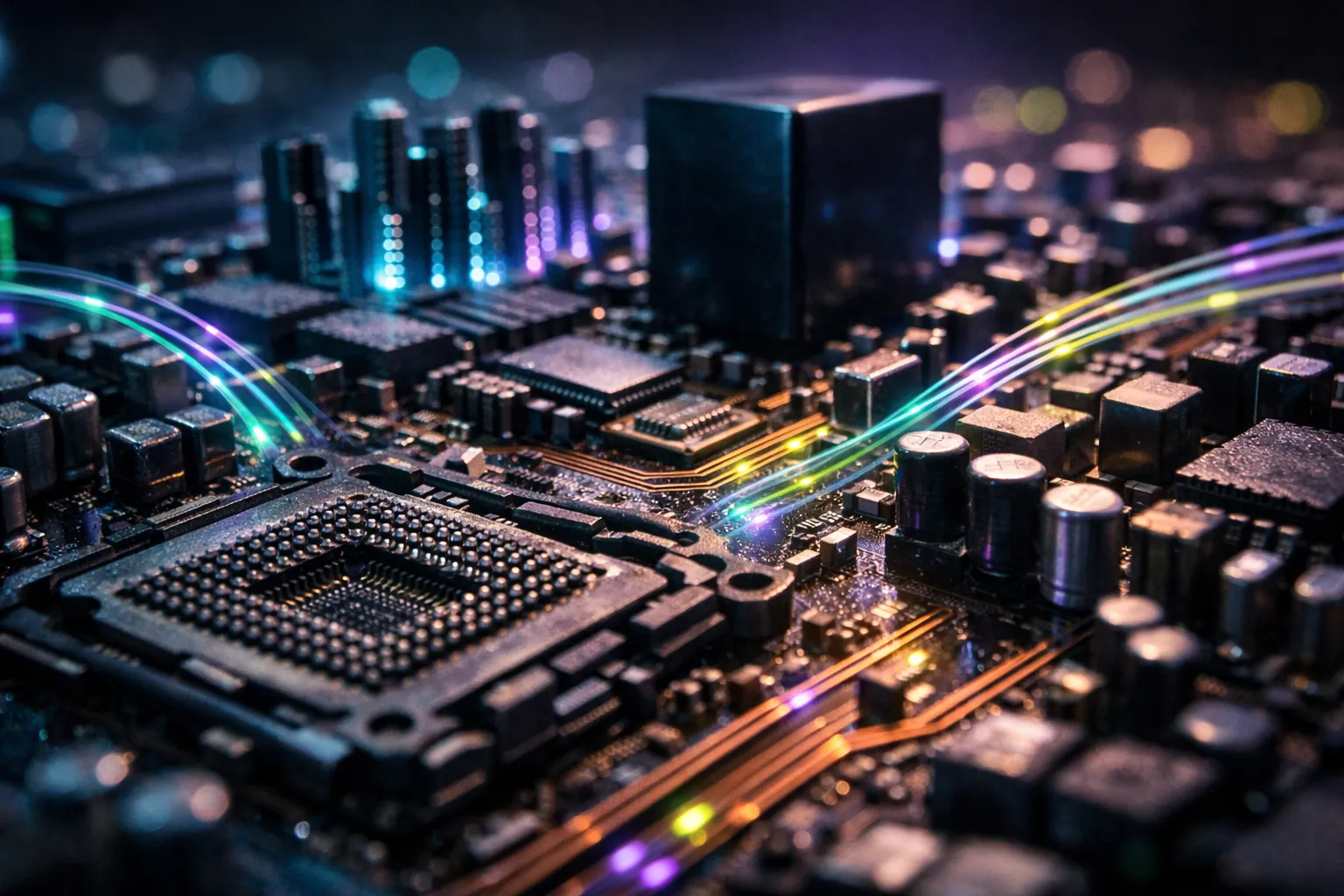 Infographic: from the universal CPU to the 2005 heat wall, highlighting the memory bus and the processor–memory bottleneck