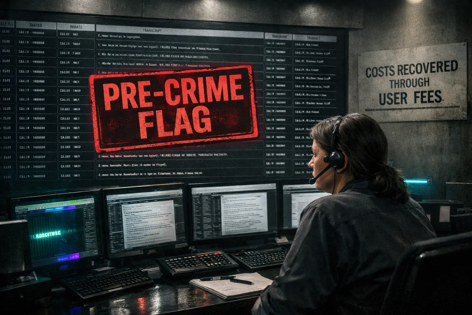 ALGORITHMIC SURVEILLANCE - Attention matrix and language signals layered over faces and profiles: visualization of bias that turns dialects into risk.