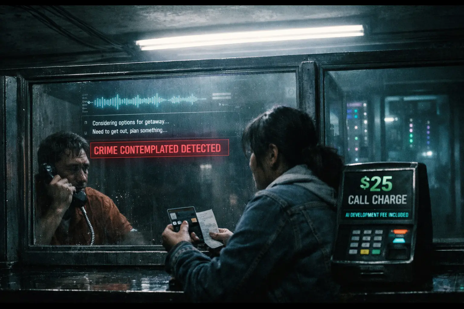 ALGORITHMIC SURVEILLANCE - Prison call interface: audio waves and automatic transcription layered over a digital surveillance grid — Securus trains AI on incarcerated communications.