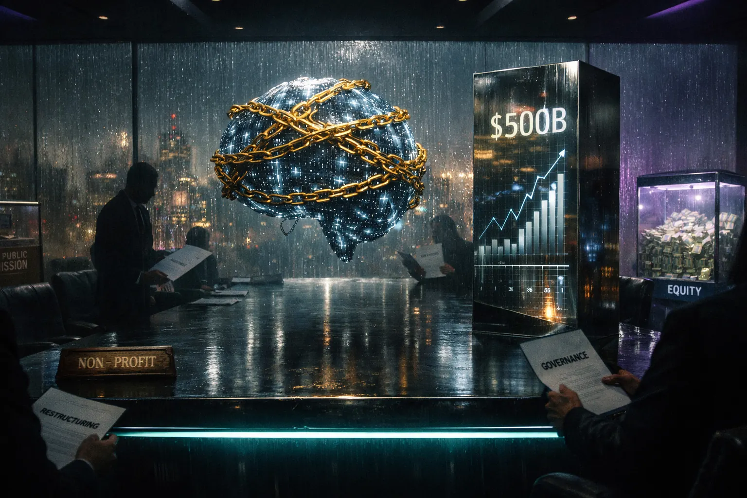 Musk vs Altman inside an Oakland courtroom in cyber-noir style: cyan and purple neon, legal documents and financial charts on screens, dystopian atmosphere, cinematic realism.