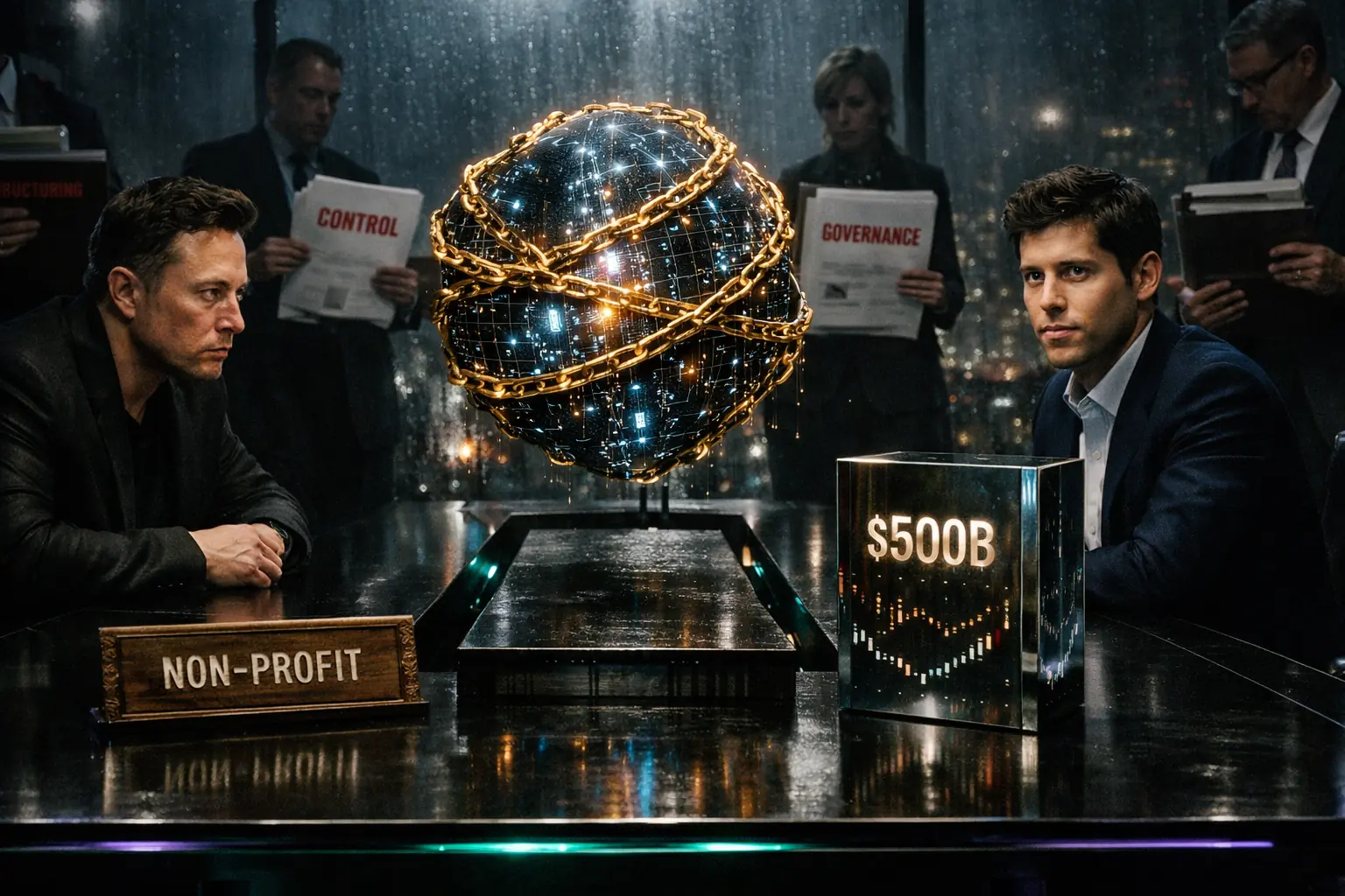 Azure data center racks with cyan neon reflections, GPU stacks, and an AI training pipeline visualized as a control network, realistic FTA cyber-dystopian aesthetic.