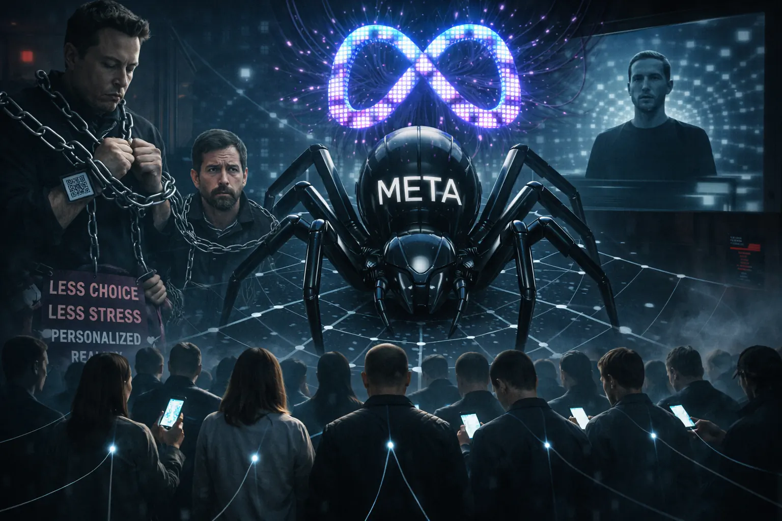 Threads vs X: Musk chained by Zuckerberg — design by cybermediateinment 2026