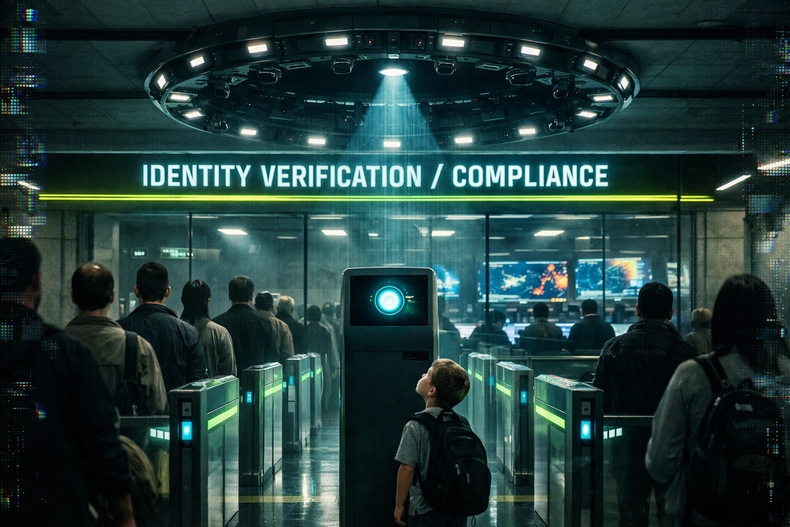 American authoritarianism — An American city under biometric surveillance: checkpoints, facial scanners, and corporate towers symbolizing executive control and mass surveillance.