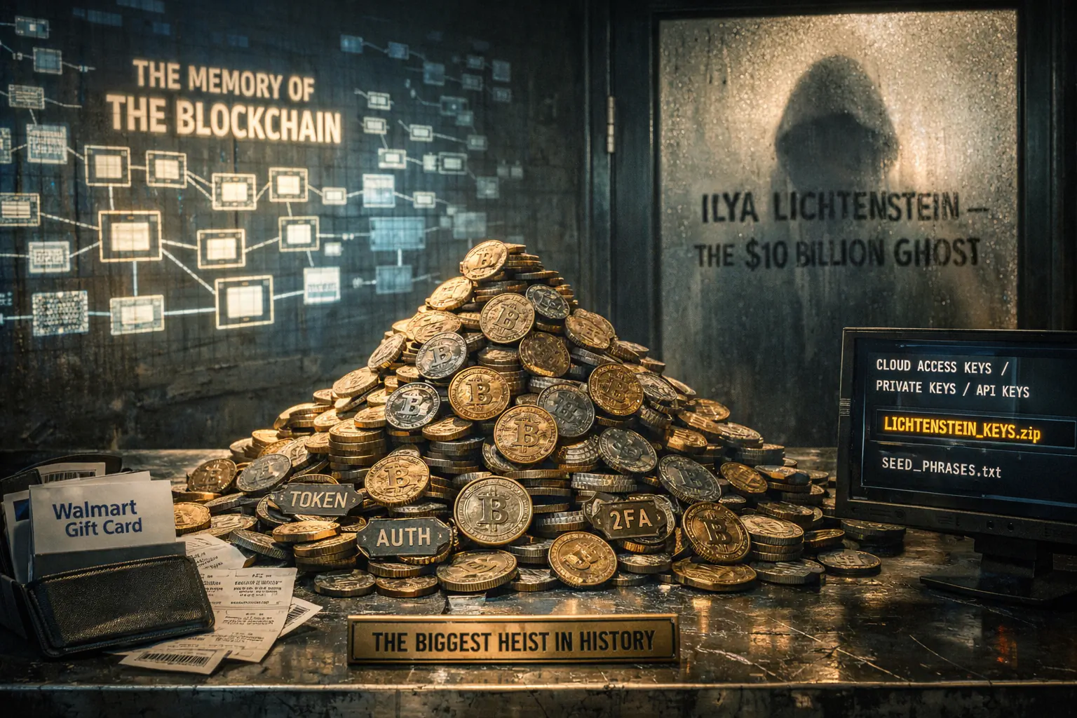 Mucchio di monete Bitcoin su tavolo da prove; a sinistra “THE MEMORY OF THE BLOCKCHAIN”, a destra vetro appannato con “ILYA LICHTENSTEIN – THE $10 BILLION GHOST” e monitor con file chiavi.