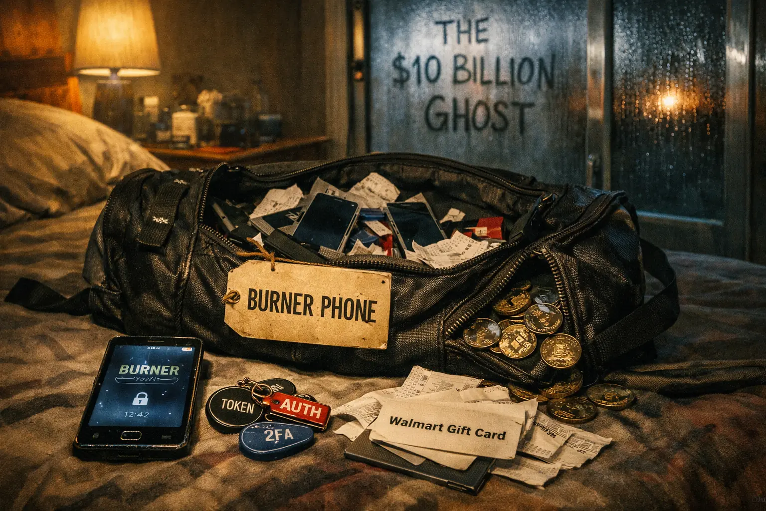 Ilya Lichtenstein — dawn federal raid in a Manhattan apartment: breached door, armed agents, a bag labeled 'BURNER PHONES,' and a tense winter atmosphere.