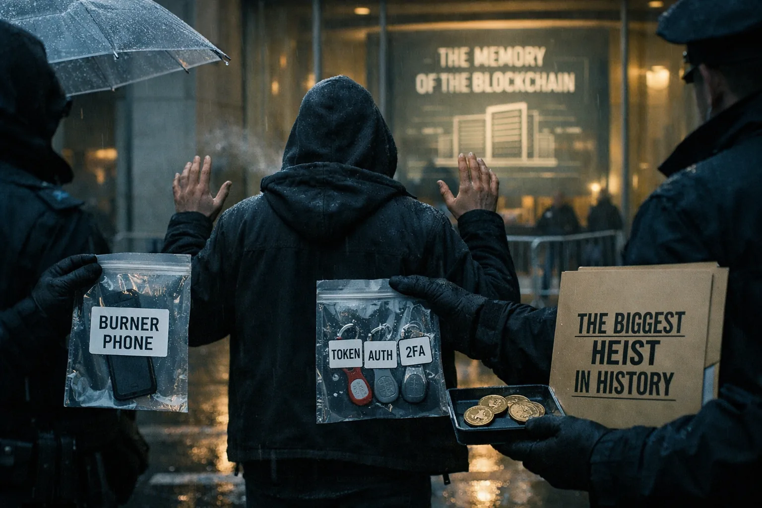 Ilya Lichtenstein — arrest context — visualization of blockchain flows: clustered transactions, addresses and nodes with luminous trails suggesting mixers, chain-hopping, and obfuscation.