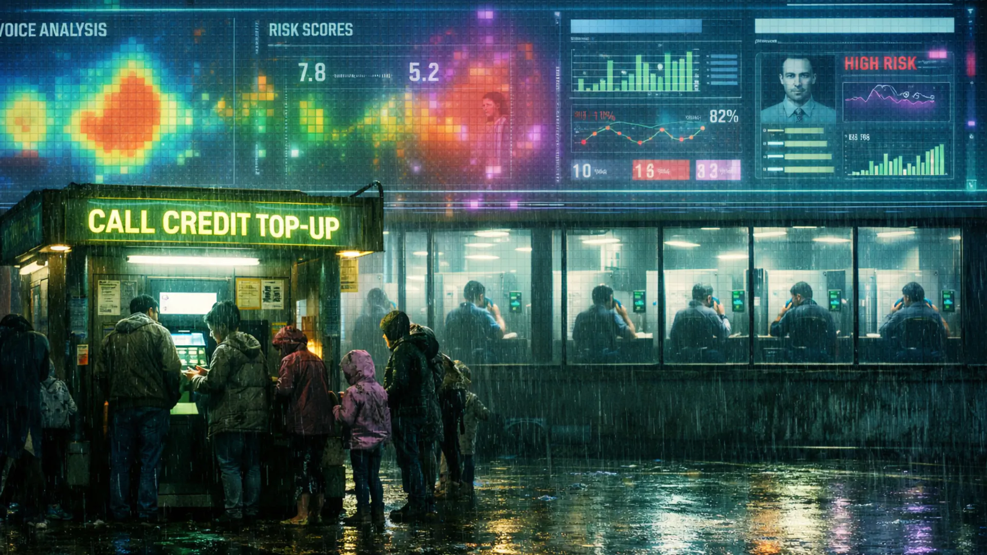 American authoritarianism — An American city under biometric surveillance: checkpoints, facial scanners, and corporate towers symbolizing executive control and mass surveillance.