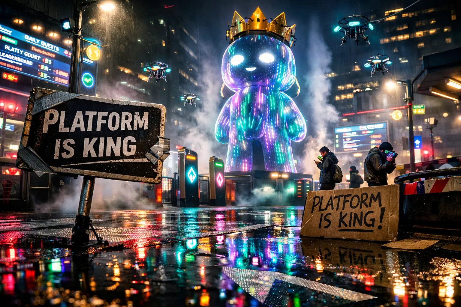 Platform is king — A digital city with an algorithmic checkpoint: a crowd crosses a ranking gate while declining reach charts appear as HUD overlays.