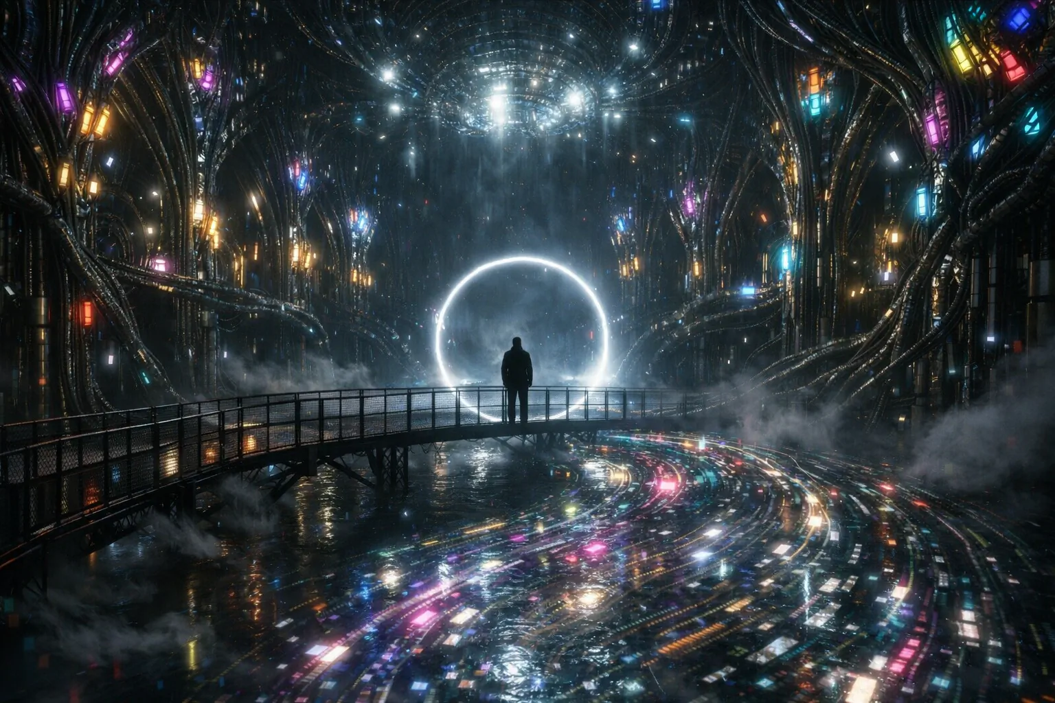 AI: A person working on a text while an LLM interface proposes structures and connections; the digital environment becomes a cognitive tutor that co-forms thought.