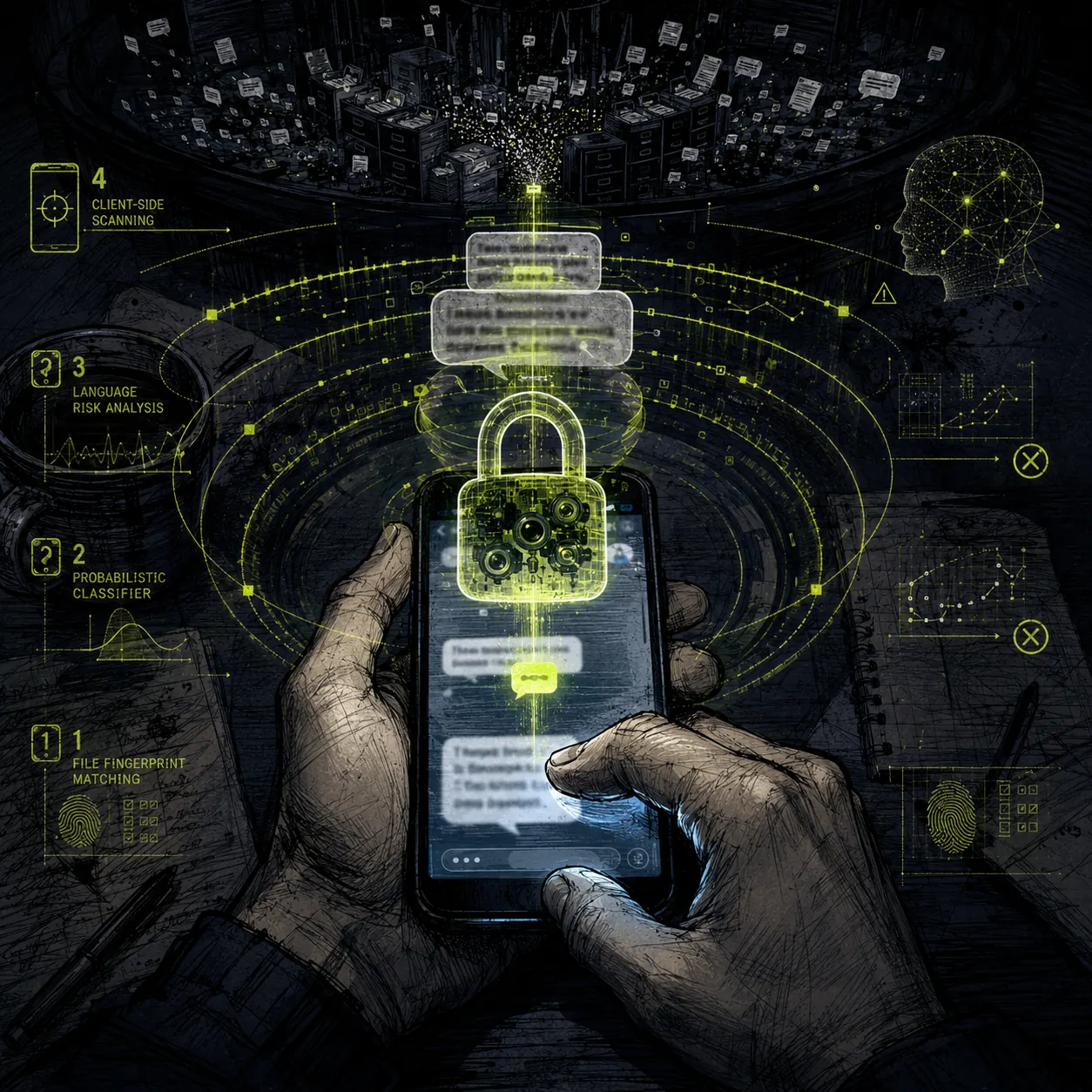 Chat Control EU graphic representation of a flow of encrypted messages intercepted by an algorithmic scanning system, symbol of the European control architecture